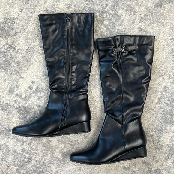 New Anne Klein Flex Mollie Knee High Boots Low Wedge Black Sz 6.5 - Picture 2 of 15